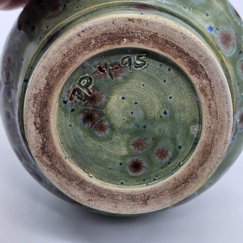 VTG Studio Pottery Crystalline Glaze Small Vase Pot Green Blue Brown Signed